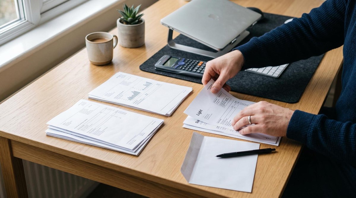 Cadastro positivo no Brasil: vantagens e desvantagens que afetam seu crédito 2 Mãos de uma pessoa organizando contas de consumo como água, luz e telefone sobre uma mesa de escritório limpa e minimalista, com uma calculadora e lap