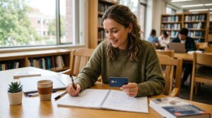 Pessoa universitária analisando opções de cartão de crédito no celular enquanto estuda em uma mesa com livros