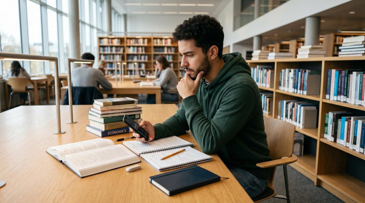 Cartão de crédito para universitários é boa ideia? O que avaliar antes de pedir o seu 2 Jovem universitário sentado em uma biblioteca moderna analisando o celular com expressão pensativa, cercado por livros abertos e anotações organizadas