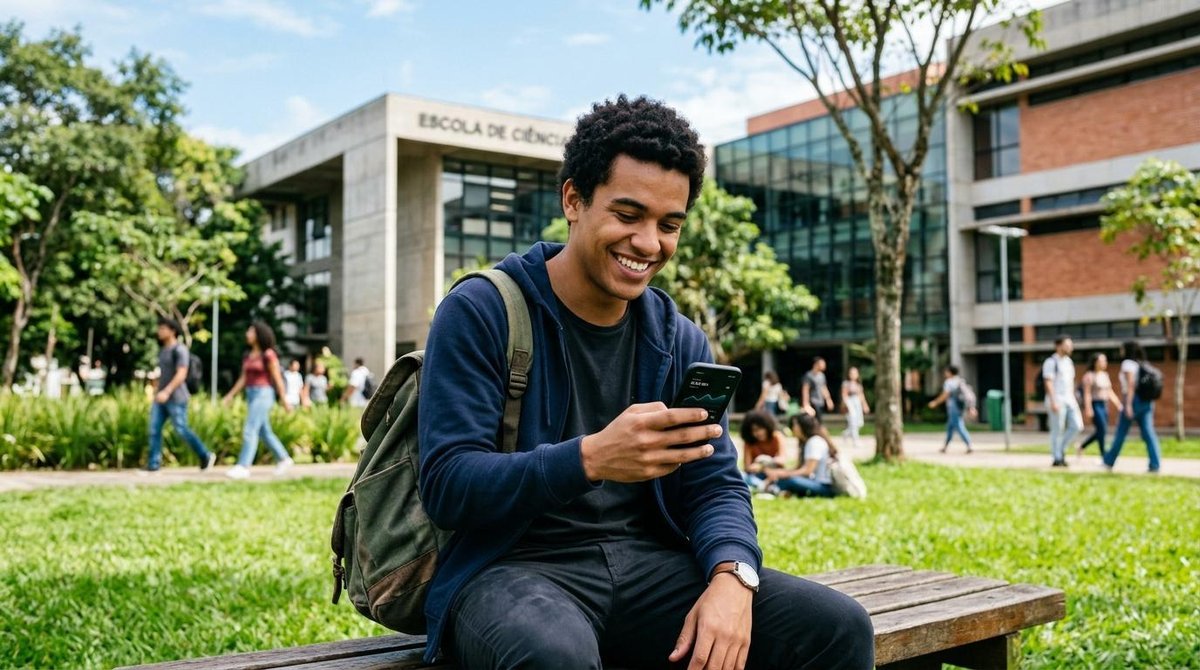 Cartão de crédito para universitários é boa ideia? O que avaliar antes de pedir o seu 3 Estudante universitário sorrindo ao verificar o aplicativo bancário no smartphone em um campus universitário ao ar livre, com grama verde e prédios ac