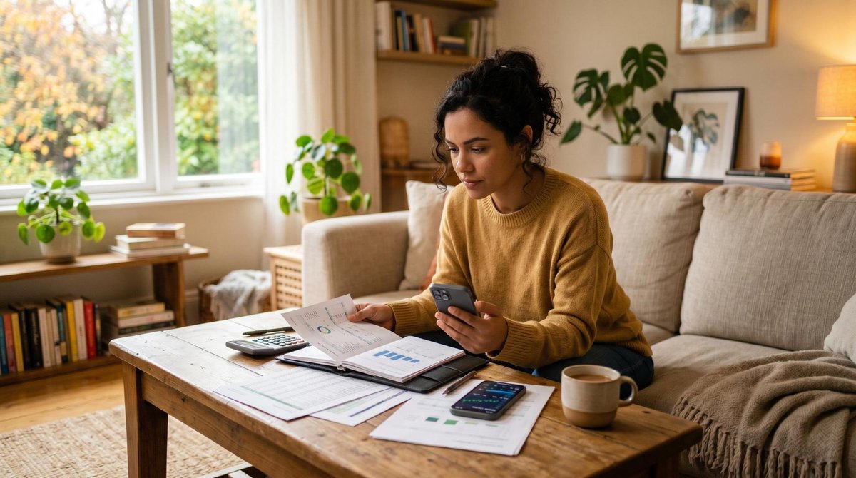 Como cancelar inscrição no Cadastro Positivo e o que muda no seu perfil de crédito 2 Mulher segurando um smartphone e analisando documentos financeiros em uma sala de estar aconchegante, com tons quentes e naturais, simbolizando a revi