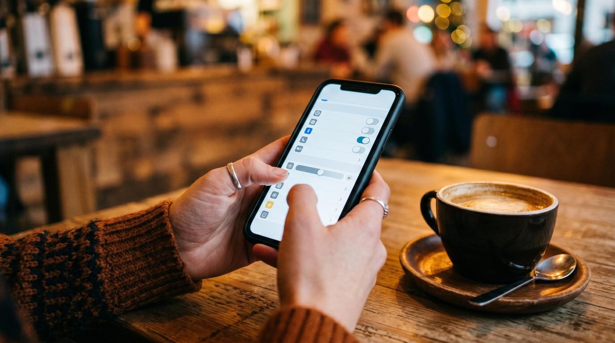 Como cancelar inscrição no Cadastro Positivo e o que muda no seu perfil de crédito 3 Close-up das mãos de uma pessoa navegando em um aplicativo de celular na tela de configurações, com uma xícara de café ao lado, em um ambiente com ton