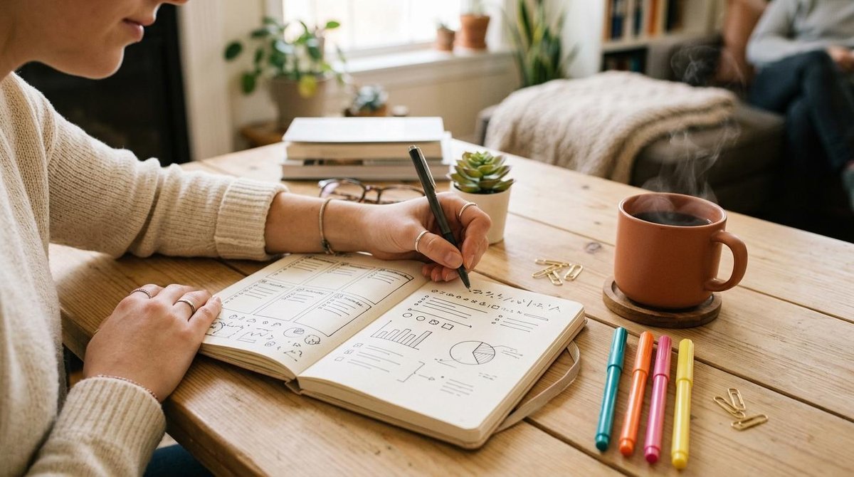 Como celebrar cada passo em direção à liberdade financeira sem perder o foco 2 Mãos femininas escrevendo em um caderno de planejamento aberto sobre uma mesa de madeira clara, com canetas coloridas e gráficos simples desenhados à