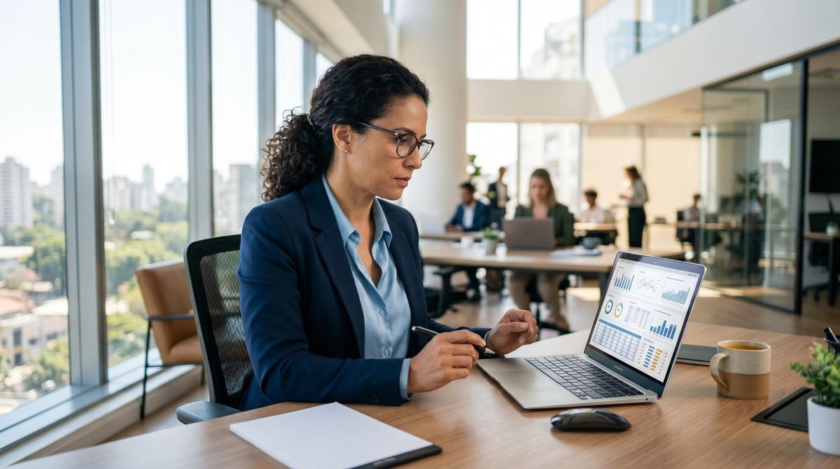 Pessoa sentada à mesa analisando seu relatório de crédito completo em um notebook