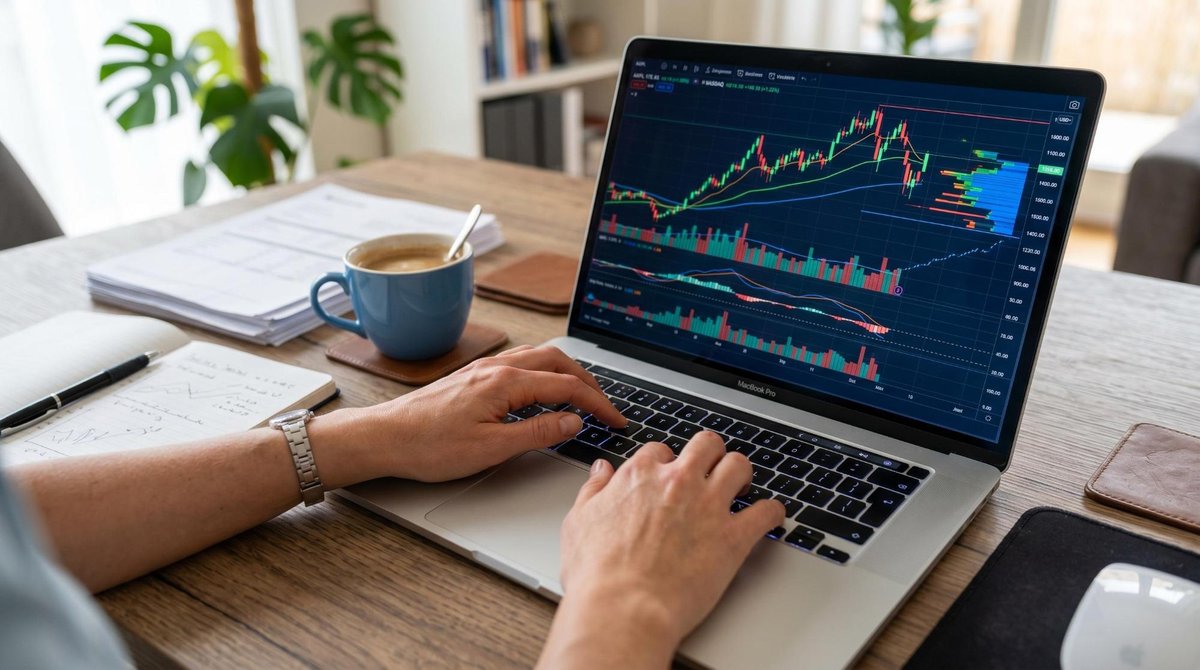 Como entender meu relatório de crédito completo e usar essas informações a seu favor 2 Close-up das mãos de uma pessoa digitando em um laptop com gráficos financeiros visíveis na tela, em uma mesa de trabalho organizada com documentos e