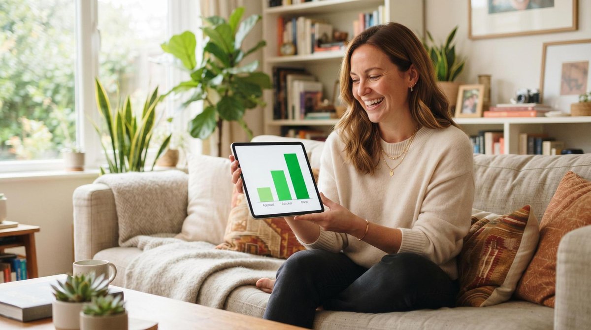 Como entender meu relatório de crédito completo e usar essas informações a seu favor 3 Mulher sorridente segurando um tablet que exibe um gráfico de barras verde indicando aprovação de crédito, sentada em um sofá confortável em um ambien