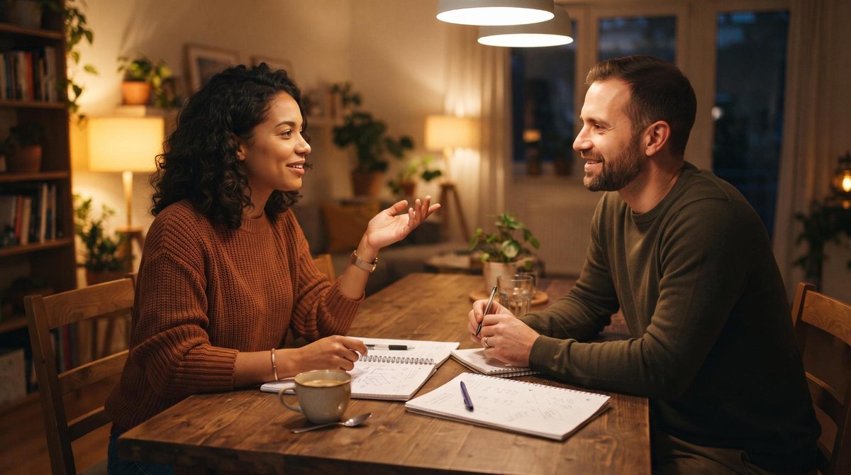 Duas pessoas sentadas à mesa conversando sobre finanças com papéis e um celular à frente