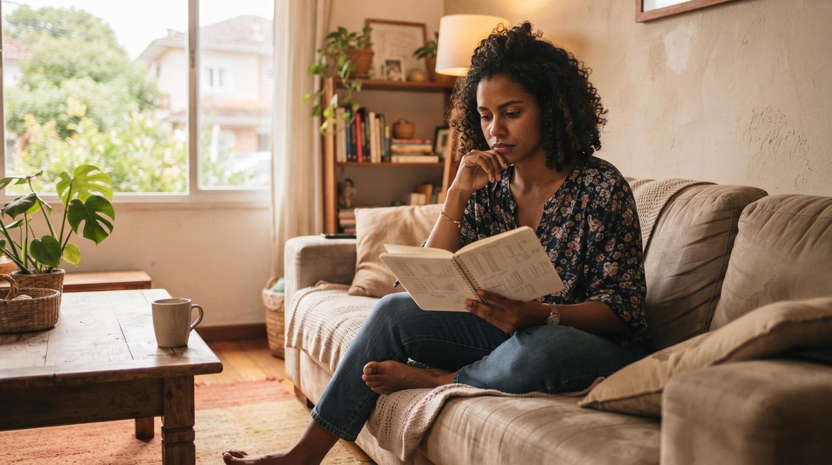 Pessoa brasileira sentada sozinha em um sofá confortável da sala de estar, segurando um caderno de anotações financeiras com expressão pensativa, ambi