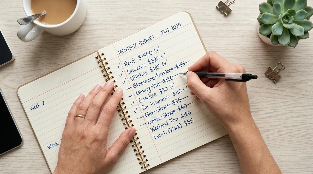 Como fazer detox financeiro por 30 dias e transformar sua relação com o dinheiro 2 Mãos femininas segurando uma caneta e riscando itens em uma lista de gastos escrita à mão em um caderno, focado na eliminação de despesas desnecessári