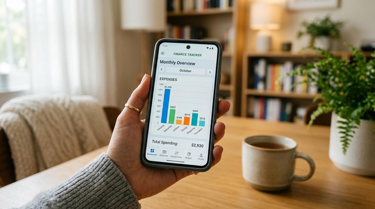 Como fazer detox financeiro por 30 dias e transformar sua relação com o dinheiro 3 Close de um smartphone na mão de uma pessoa exibindo uma tela de aplicativo de finanças com gráficos de barras, ao fundo um ambiente doméstico confort
