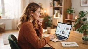 Pessoa sentada à mesa analisando opções de cursos online no notebook antes de decidir a compra