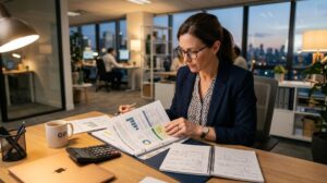 Pessoa analisando documentos de proposta de investimento com expressão de dúvida em uma mesa de trabalho