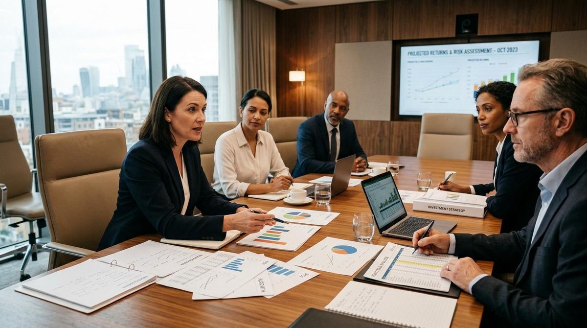 Como identificar se um investimento é uma pirâmide financeira e proteger seu dinheiro 2 Grupo de pessoas em uma reunião profissional ao redor de uma mesa, discutindo propostas de investimento com gráficos e planilhas impressas, ambiente c