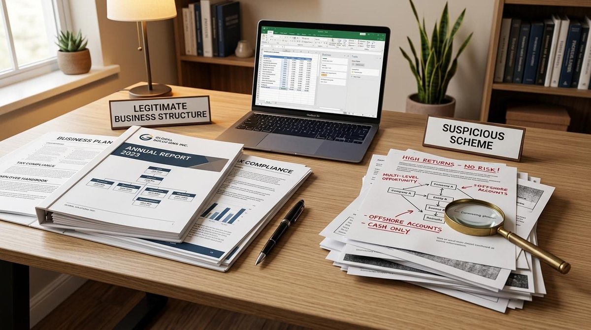 Como identificar se um investimento é uma pirâmide financeira e proteger seu dinheiro 3 Comparação visual em uma mesa de trabalho entre dois conjuntos de documentos, um representando estrutura legítima de negócio e outro representando esq