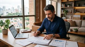 Pessoa empreendedora consultando pendências do CNPJ em um computador para regularizar o nome da empresa