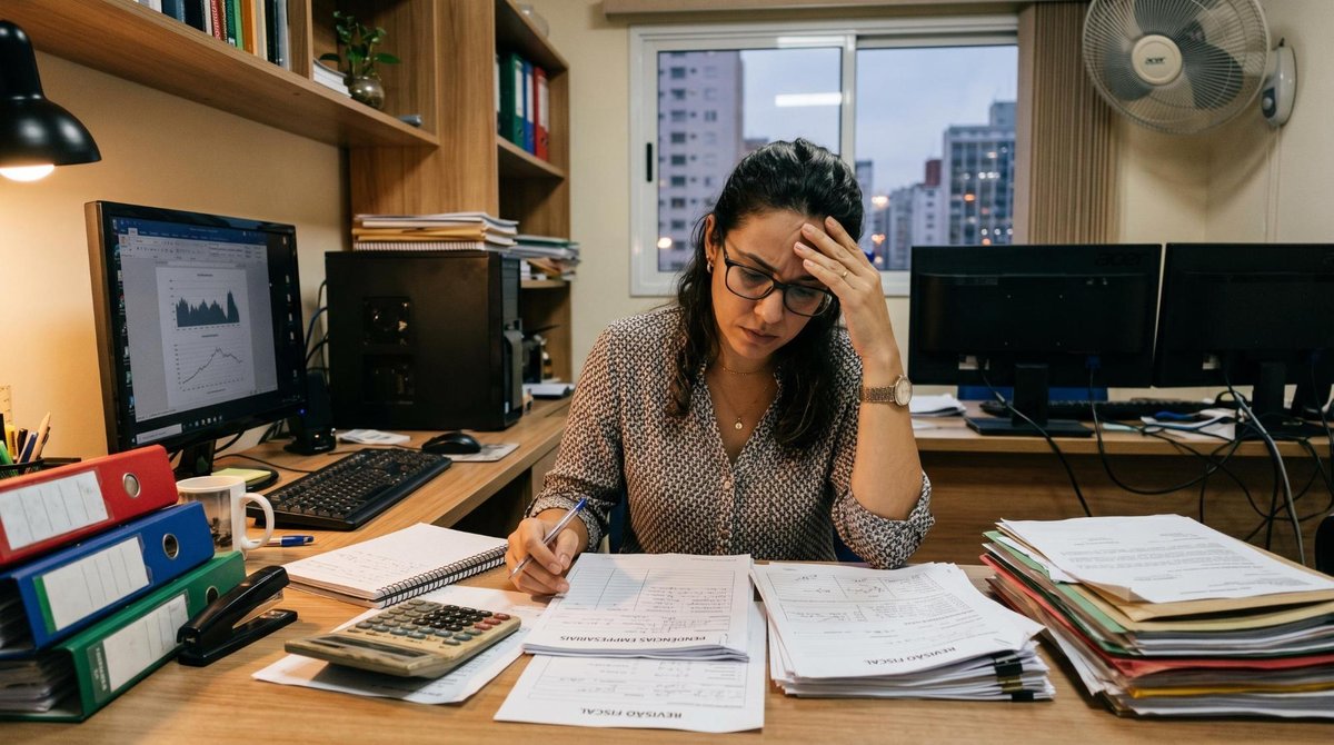 Profissional de negócios em pequeno escritório brasileiro revisando papéis de pendências empresariais com expressão séria e preocupada, computador ao