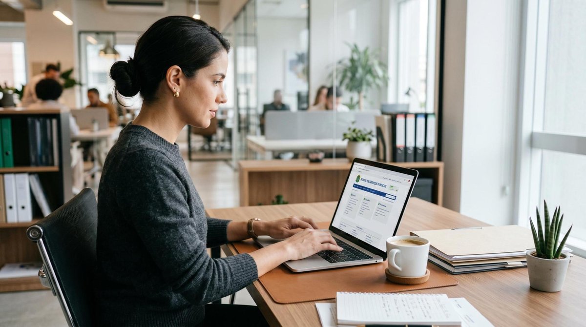 Pessoa digitando no laptop em ambiente de trabalho clean e moderno consultando portal online de serviços públicos, mesa com xícara de café e documento