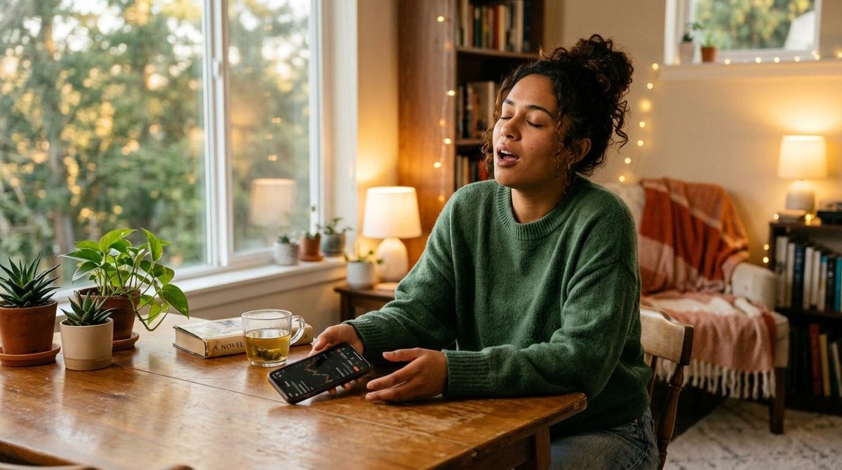 Como parar de sentir culpa ao gastar dinheiro e construir uma relação saudável com suas finanças 3 Jovem adulto largando o celular sobre a mesa com um olhar de alívio, em um ambiente de casa aconchegante com tons quentes e iluminação natural, repres