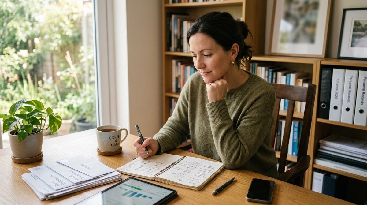 Como praticar gratidão financeira e melhorar sua vida com hábitos do dia a dia 2 Uma mulher adulta sentada à mesa de escritório em casa, com expressão pensativa e serena, revisando documentos financeiros e anotações em um caderno a