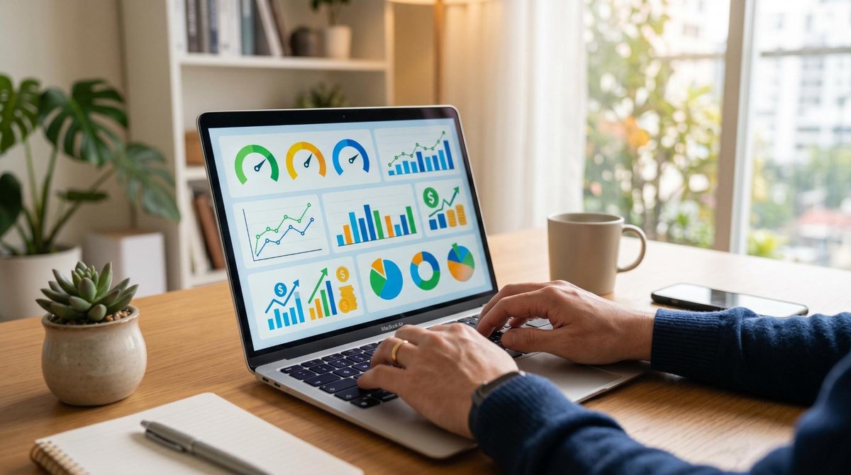 Como recuperar crédito após falência: passos para reconstruir sua vida financeira 3 Mãos de uma pessoa adulta digitando em um notebook com uma tela exibindo um painel de controle financeiro digital com gráficos de score, em um escritó