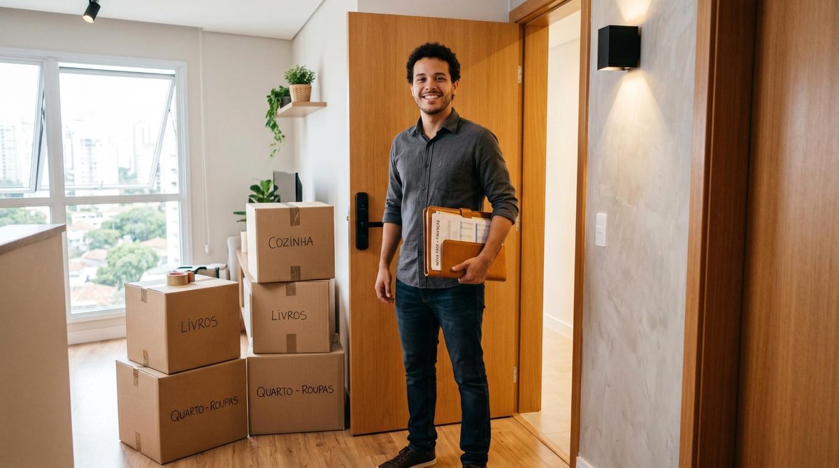 Pessoa jovem organizando contas e planejamento financeiro em uma mesa com caderno e computador, preparando-se para sair da casa dos pais