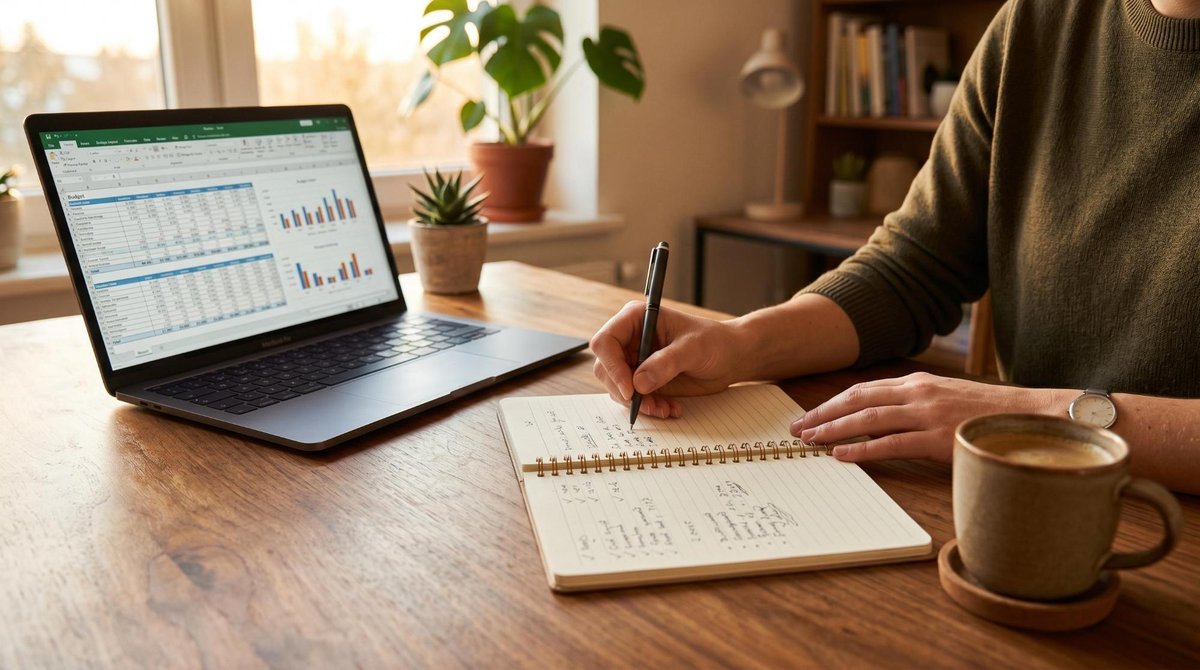 Como sair da casa dos pais financeiramente preparado: guia de planejamento prático 2 Mãos anotando metas financeiras em um caderno aberto sobre uma mesa de trabalho, com notebook exibindo uma planilha de orçamento ao lado, xícara de ca