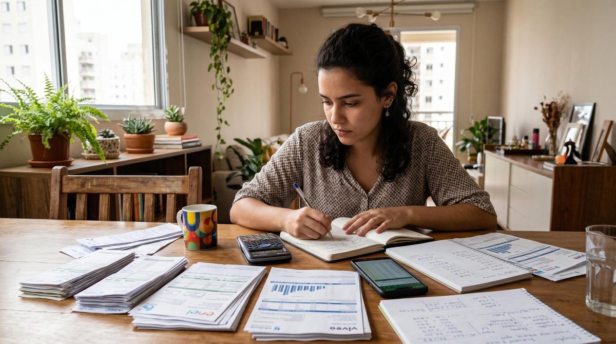 Como sair da casa dos pais financeiramente preparado: guia de planejamento prático 3 Pessoa jovem sentada à mesa da sala de jantar cercada por contas de água, luz e internet organizadas, calculadora e smartphone próximos, expressão con