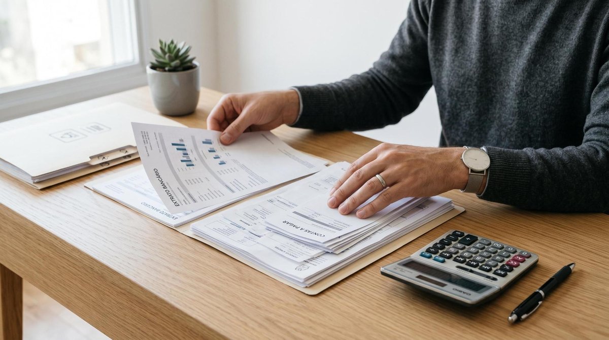Como sair do score baixo em 90 dias com um plano de ação realista 2 Mãos de uma pessoa organizando documentos financeiros, extratos bancários e contas sobre uma mesa de escritório limpa e minimalista, com calculadora e