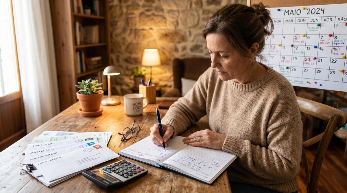 Como sair do score baixo em 90 dias com um plano de ação realista 3 Uma pessoa adulta anota datas de pagamento em um planner ou agenda aberta sobre uma mesa, com contas organizadas e um calendário ao fundo, representan