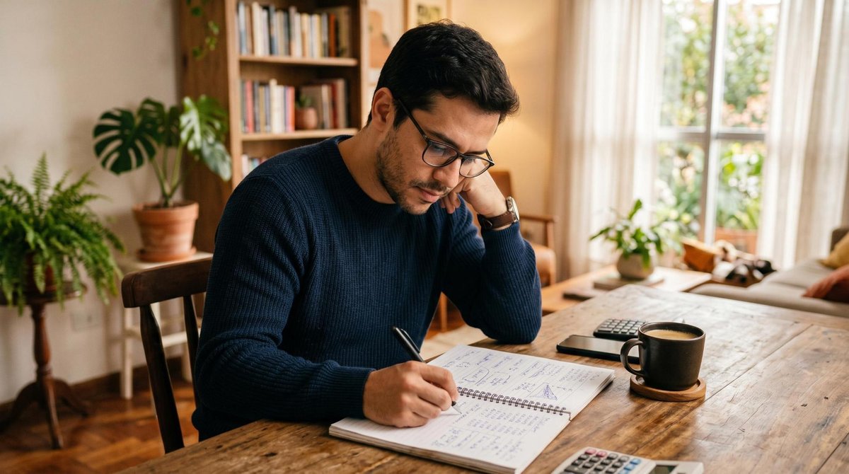 Estratégias gratuitas para aumentar seu score de crédito sem depender de serviços pagos 2 Homem concentrado analisando suas finanças em um notebook sobre uma mesa de madeira com uma xícara de café ao lado, em um ambiente doméstico bem ilumi