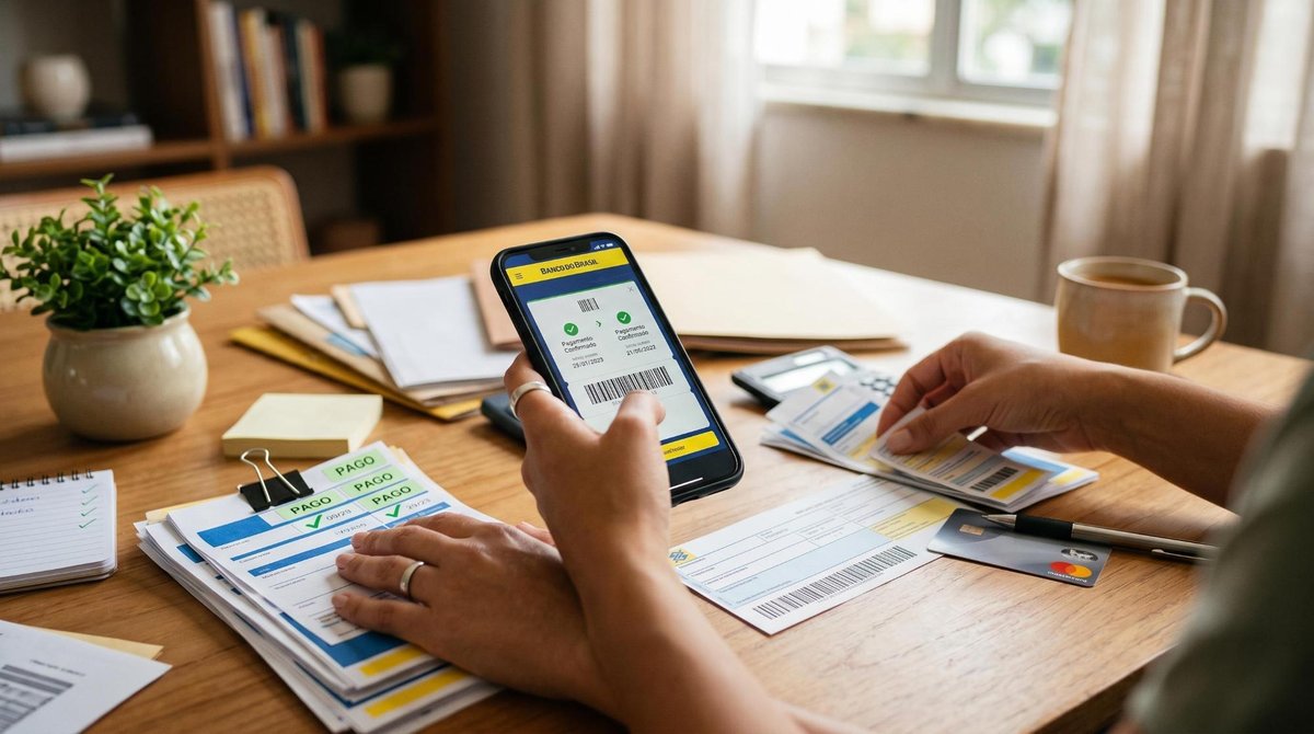 Estratégias gratuitas para aumentar seu score de crédito sem depender de serviços pagos 3 Mãos organizando contas domésticas e usando um smartphone para pagar um boleto, simbolizando o pagamento em dia e o cadastro positivo, com tons quente