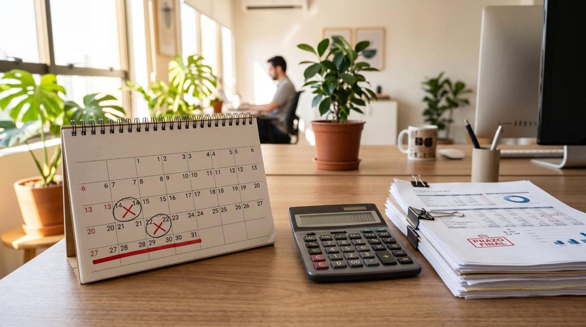 Histórico negativo apaga depois de quanto tempo e o que fazer enquanto isso 3 Calendário de mesa aberto com marcações de datas ao lado de calculadora e documentos financeiros organizados, representando o prazo de exclusão de reg