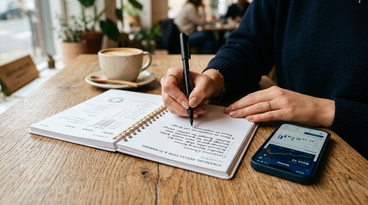 O que é minimalismo financeiro e como aplicar essa abordagem no seu dia a dia 2 Mãos femininas segurando caneta e fazendo anotações em caderno de planejamento aberto sobre mesa, com smartphone ao lado e xícara de café ao fundo des