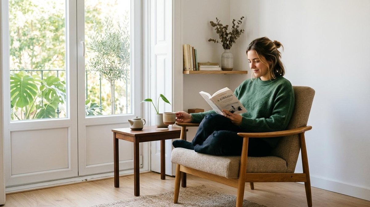 O que é minimalismo financeiro e como aplicar essa abordagem no seu dia a dia 3 Ambiente de sala minimalista com poucos móveis de qualidade, pessoa jovem sentada confortavelmente em poltrona lendo um livro enquanto toma café, ilum