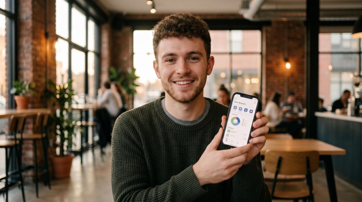 Jovem consultando opções de conta bancária digital no celular pela primeira vez