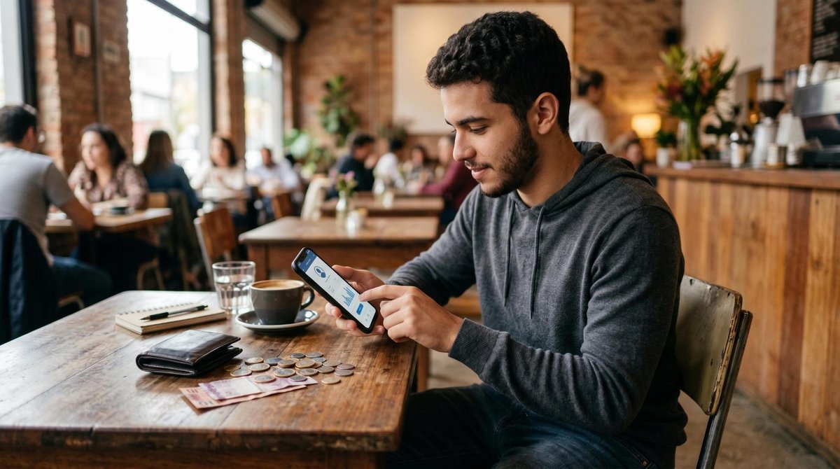 Primeira conta bancária para jovens: qual escolher e o que avaliar antes de abrir a sua 2 Adolescente ou jovem adulto sentado em ambiente casual usando celular para acessar conta digital, com carteira e moedas sobre a mesa ao lado, atmosfer