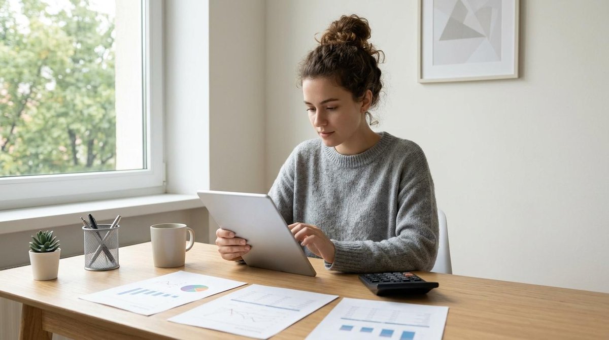 Primeira conta bancária para jovens: qual escolher e o que avaliar antes de abrir a sua 3 Jovem analisando opções financeiras em tablet sobre mesa organizada, com documentos de comparação e calculadora ao lado, ambiente clean e profissional