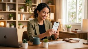 Pessoa consultando sua pontuação de crédito no celular para comparar score do Serasa e Boa Vista