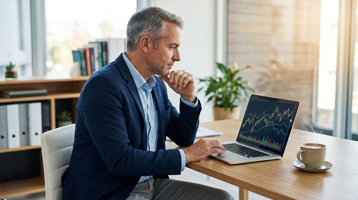 Homem de meia-idade analisando gráficos financeiros em um laptop moderno em um escritório bem iluminado, com uma xícara de café ao lado