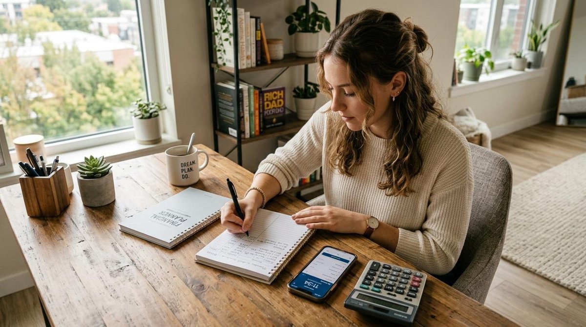 Sinais de que estou vivendo além dos meus meios e como mudar essa situação 2 Uma pessoa jovem escrevendo em um caderno de planejamento financeiro sobre uma mesa de madeira, com smartphone e calculadora ao lado, ambiente moderno