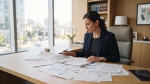 Pessoa analisando documentos de planejamento patrimonial em uma mesa de escritório