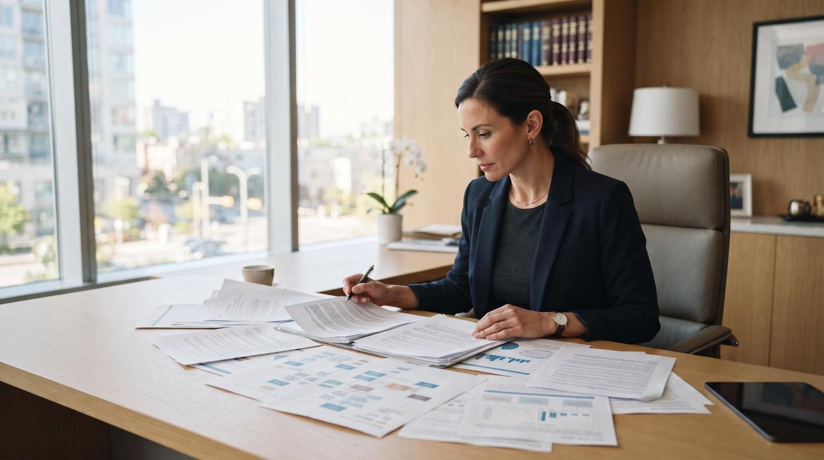 Pessoa analisando documentos de planejamento patrimonial em uma mesa de escritório