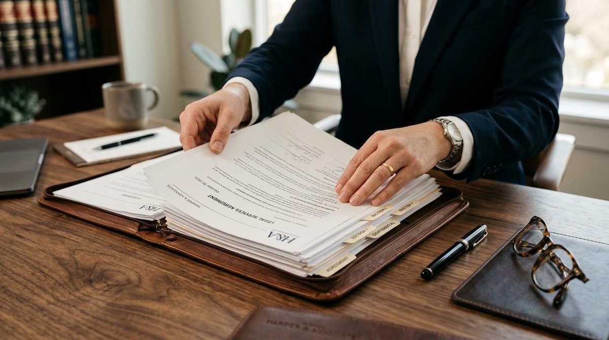 Trust patrimonial: o que é, como funciona e vale a pena no Brasil 2 Mãos de um profissional segurando documentos jurídicos organizados sobre uma mesa de trabalho moderna, com caneta e óculos ao lado, iluminação suave e