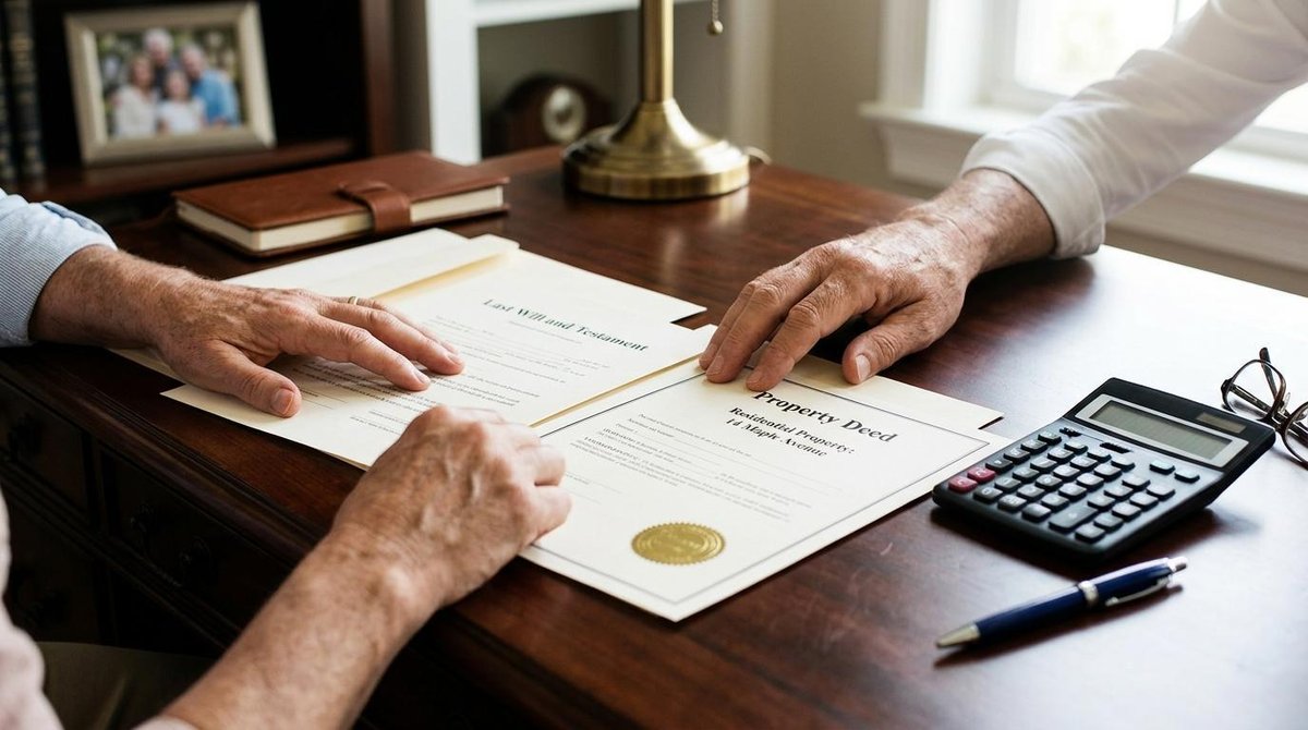 Gestão patrimonial para herdeiros: como aprender a cuidar do patrimônio familiar 2 Mãos de uma pessoa adulta segurando documentos de herança e escrituras de imóveis sobre uma mesa de madeira elegante, com uma calculadora e caneta ao