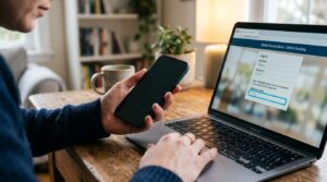 Como recuperar acesso a conta digital sem celular: alternativas que funcionam 2 Pessoa usando celular e laptop com tela de login bancário em mesa de madeira com café ao fundo