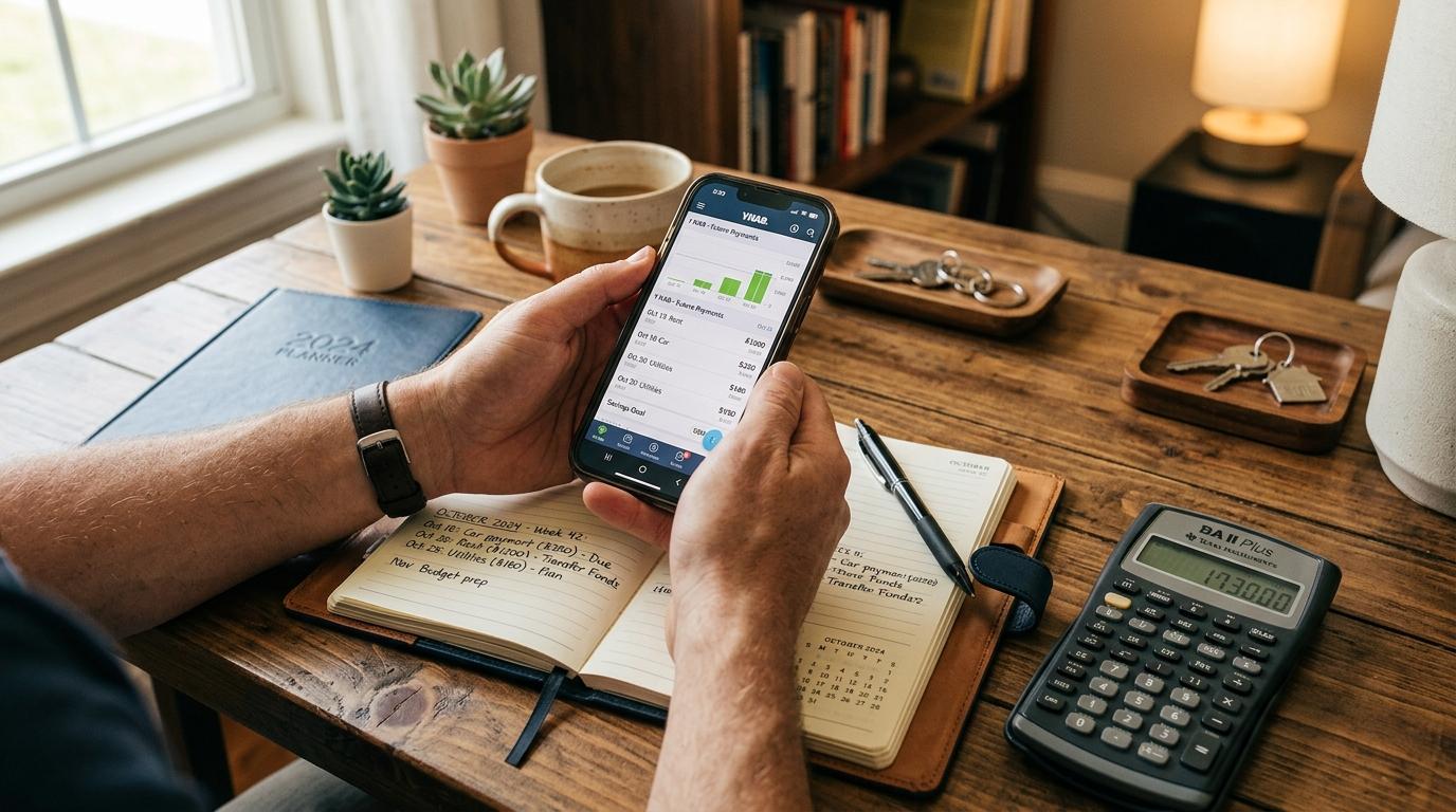 Crédito digital tem carência para começar a pagar? Como funciona esse prazo na prática 2 Mãos adultas segurando celular sobre mesa com agenda aberta e calculadora ao lado, representando organização financeira e planejamento de pagamentos