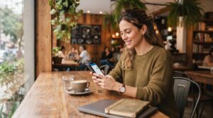 O que é uma conta digital com rendimento e como ela faz seu dinheiro crescer 2 Pessoa sorrindo enquanto usa o celular em uma mesa de madeira com café e livro