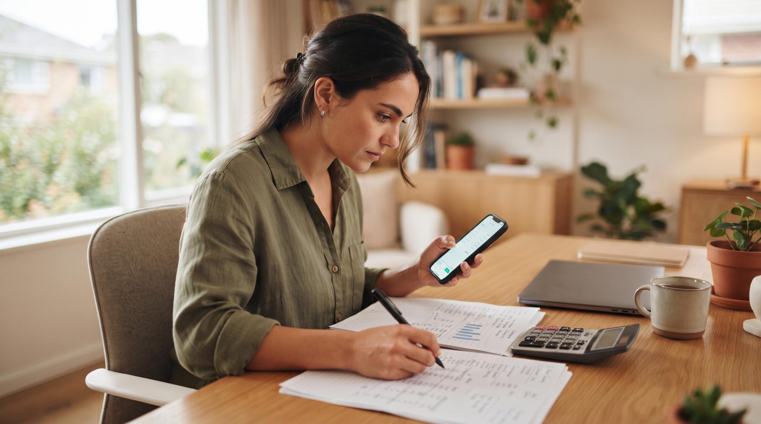 Crédito digital tem carência para começar a pagar? Como funciona esse prazo na prática 3 Pessoa concentrada comparando valores em smartphone e documentos sobre mesa de escritório, analisando custos e juros com calculadora próxima, ambiente
