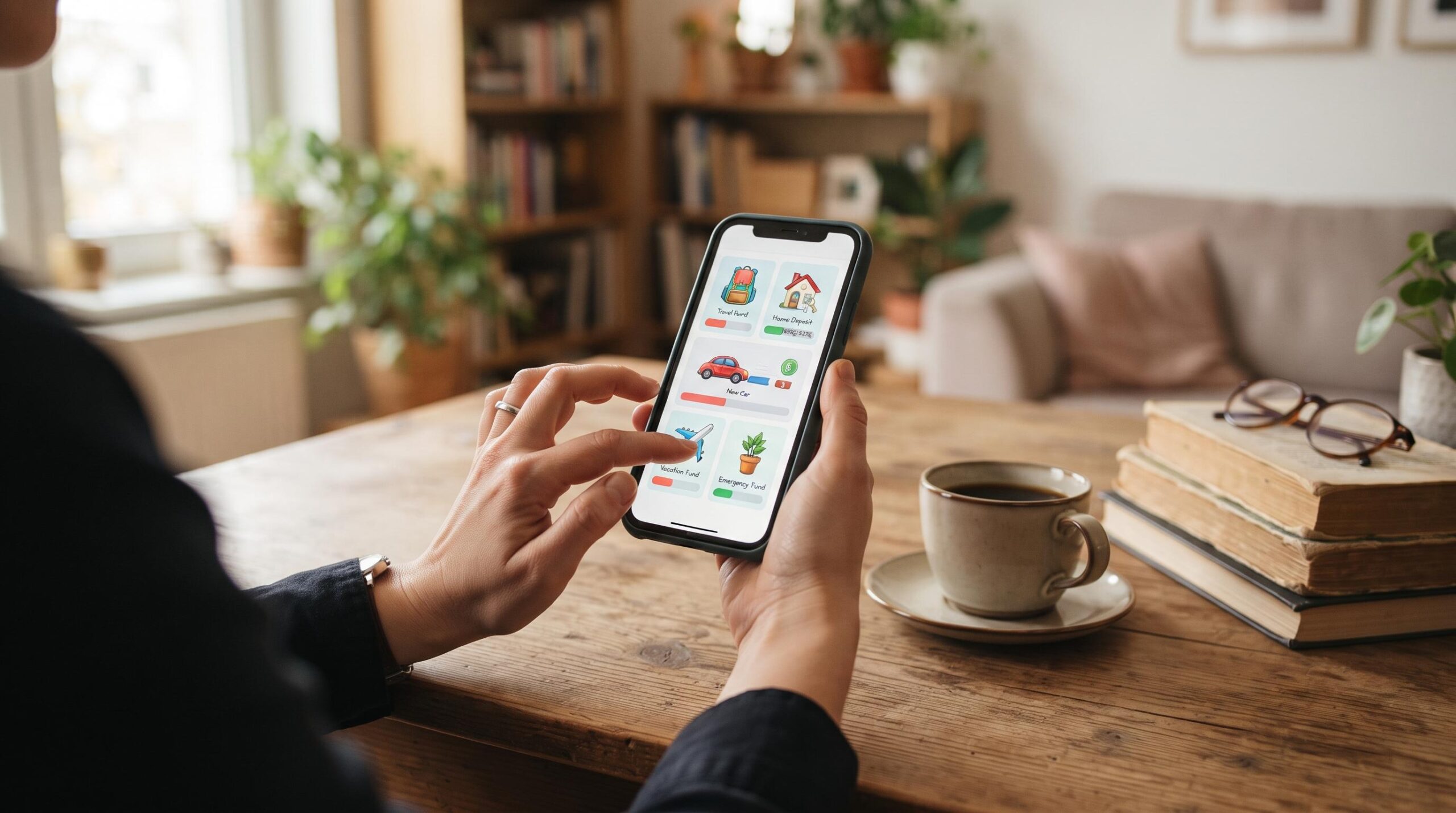 Como usar cofrinhos digitais como fundo de emergência e proteger suas finanças 2 Pessoa navegando em aplicativo de celular sobre mesa de madeira com livros e café
