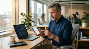 Quanto tempo demora o resgate de rendimentos e o que influencia esse prazo 2 Pessoa sentada em escritório analisando gráficos de investimento no celular e laptop